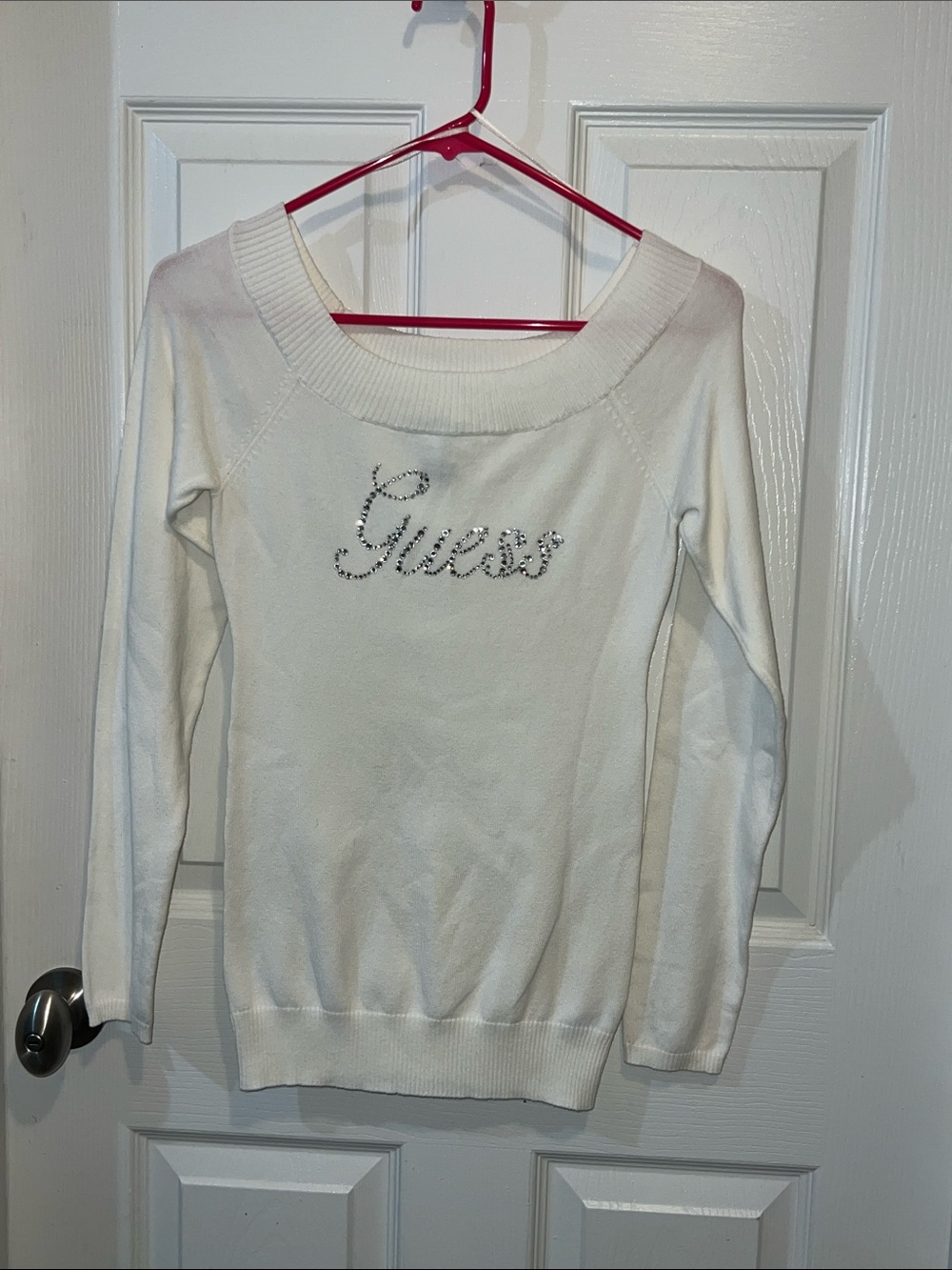 GUESS Off-the-Shoulder White Rhinestone Logo Sweater